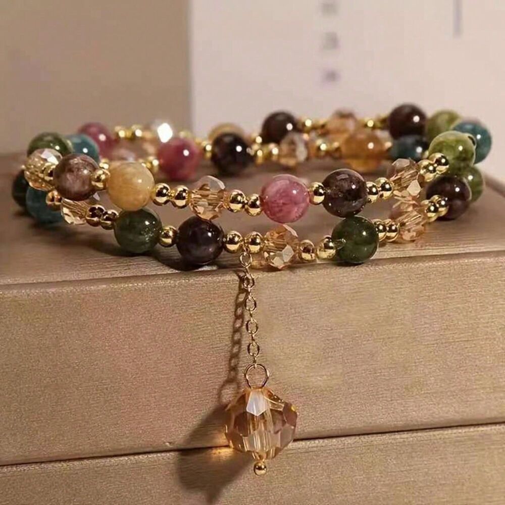 Colorful Crystal Beaded Wrap Bracelet Charm Gold Stretch Multi Gemstone Boho New